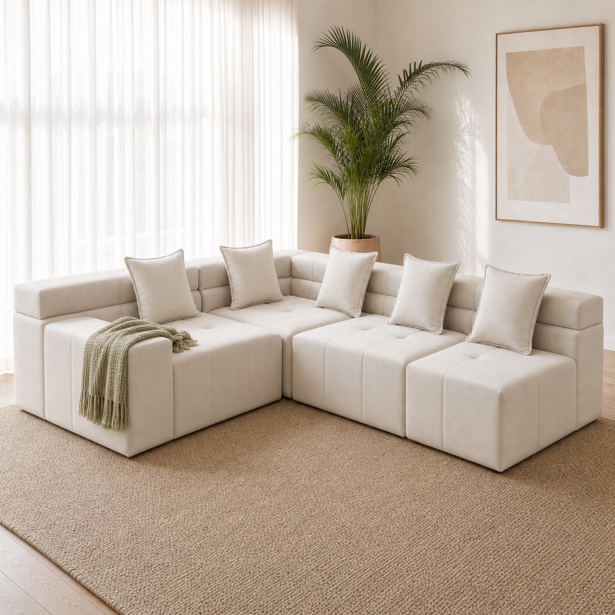 Nova - L shape sectional sofa sectional sofa styled with a sage-green throw