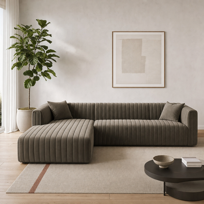 Oasis - L shape sectional sofa in smoked olive-taupe velvet, front view in a modern living room