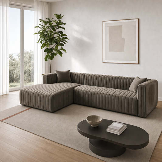 Oasis - L shape sectional sofa, three-quarter view showing the chaise and depth