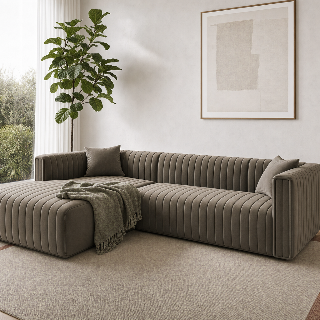 Oasis - L shape sectional sofa styled with a sage-green throw