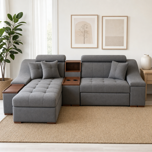 Opal - L shape sectional sofa in mid-grey linen-weave fabric, front view in a modern living room