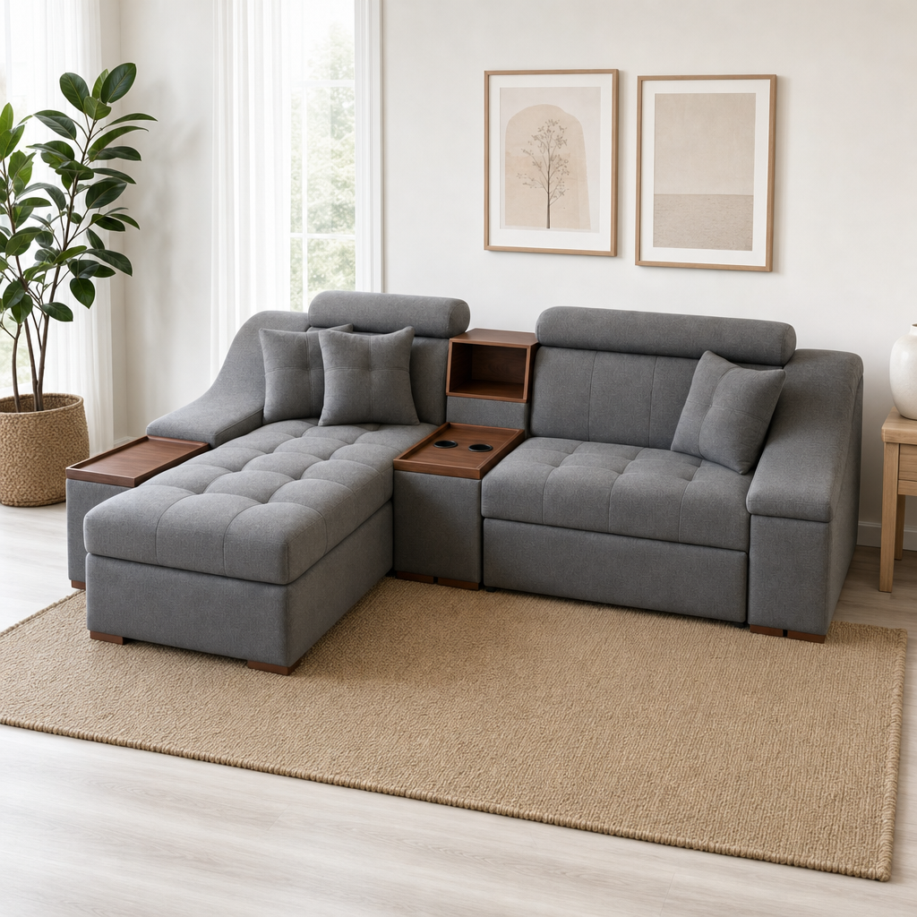 Opal - L shape sectional sofa, three-quarter view showing the chaise and depth