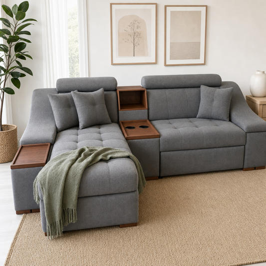 Opal - L shape sectional sofa styled with a sage-green throw