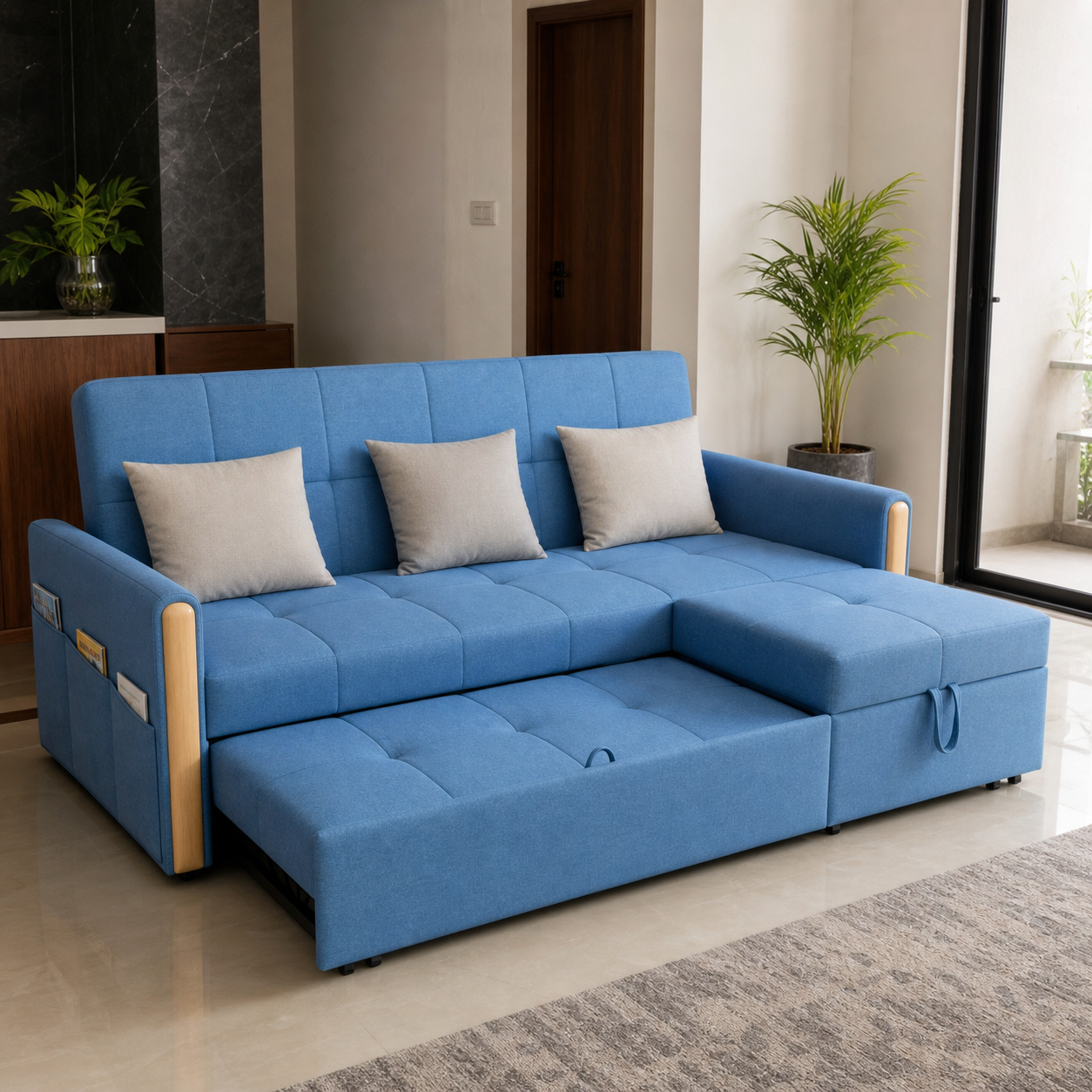 Orine - Sofa bed, fully open sofa-bed hero in a contemporary living room