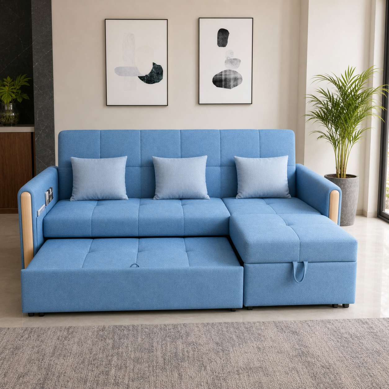 Orine - Sofa bed, front view verifying the fully open footprint