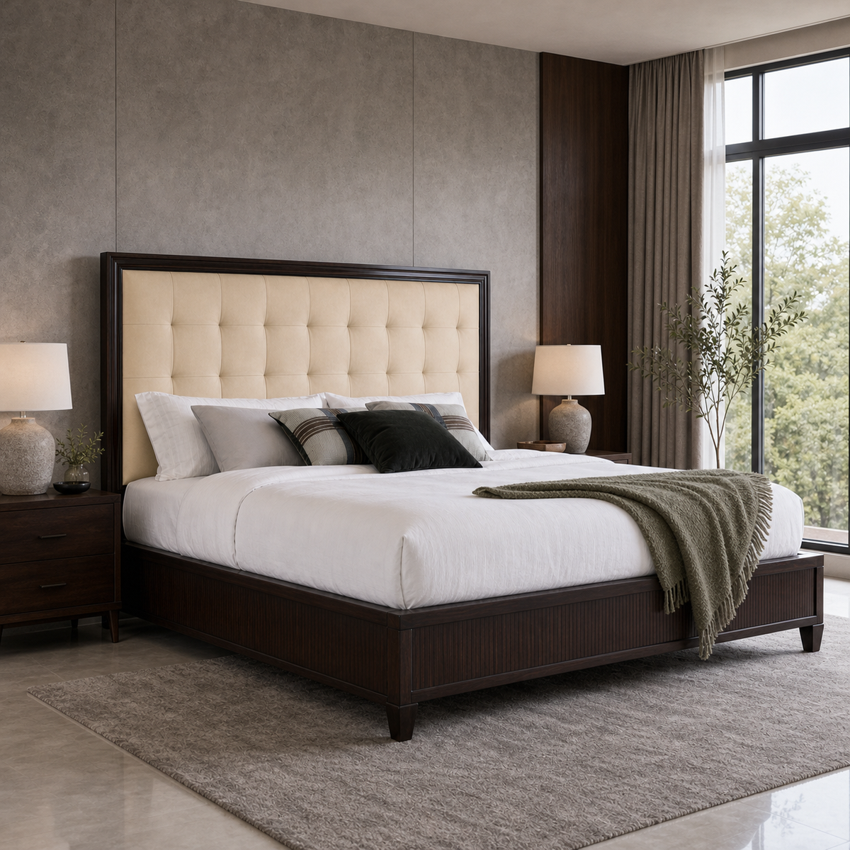 Orson - Bed, closer made-bed view showing the complete frame construction