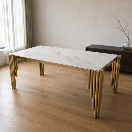 Leon - Dining Table Marble Top, complete front three-quarter dining view in a contemporary room