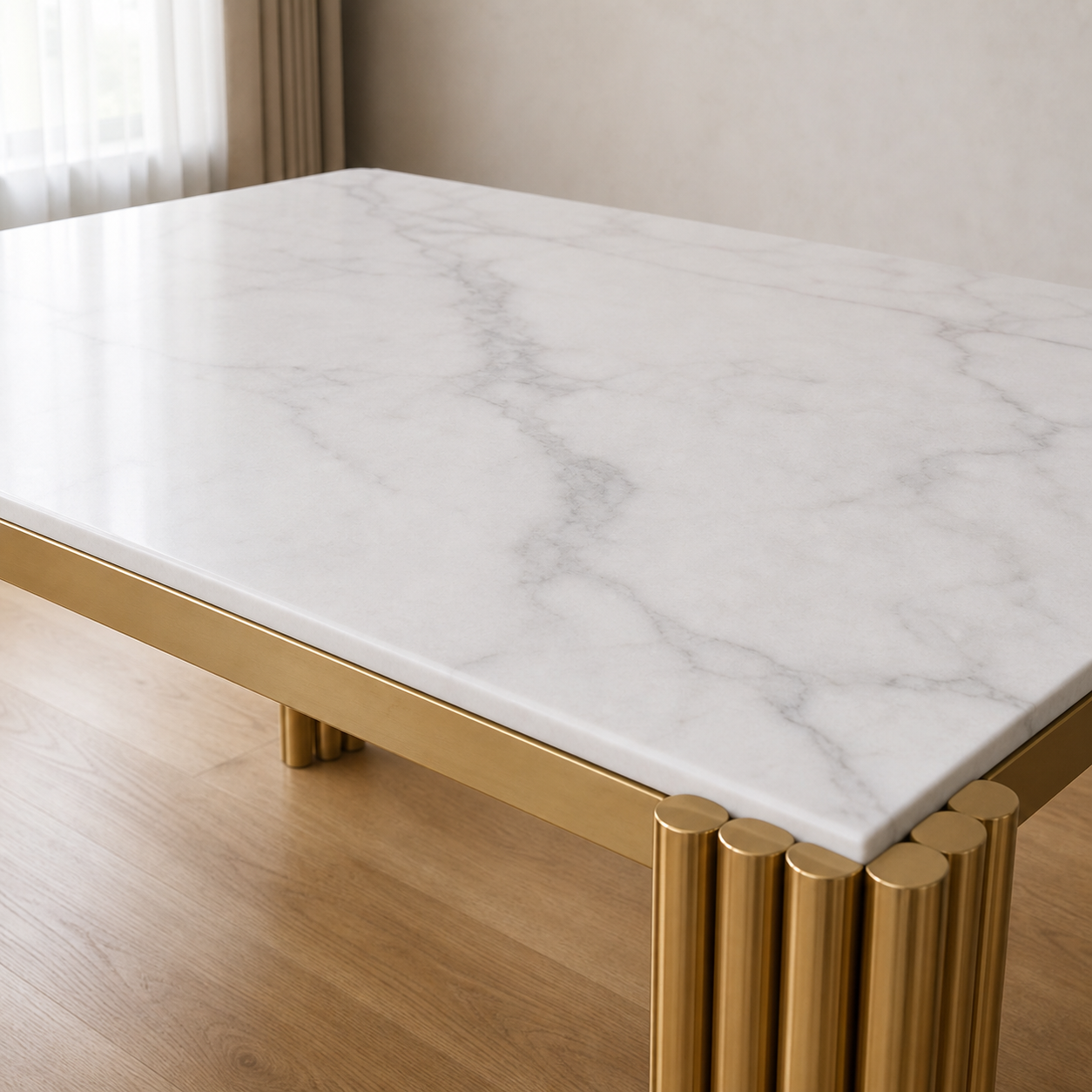 Leon - Dining Table Marble Top, close tabletop and construction detail