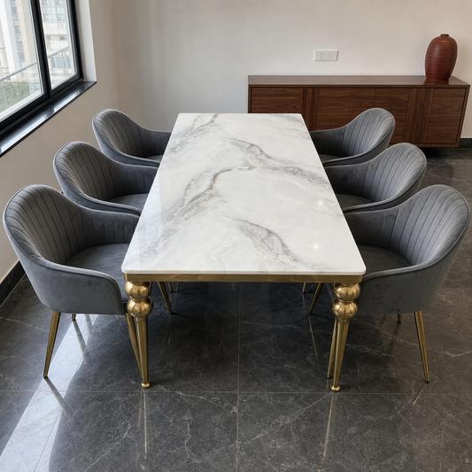 Zoe - Dining Table Marble Top, clearly different end-on dining-room view