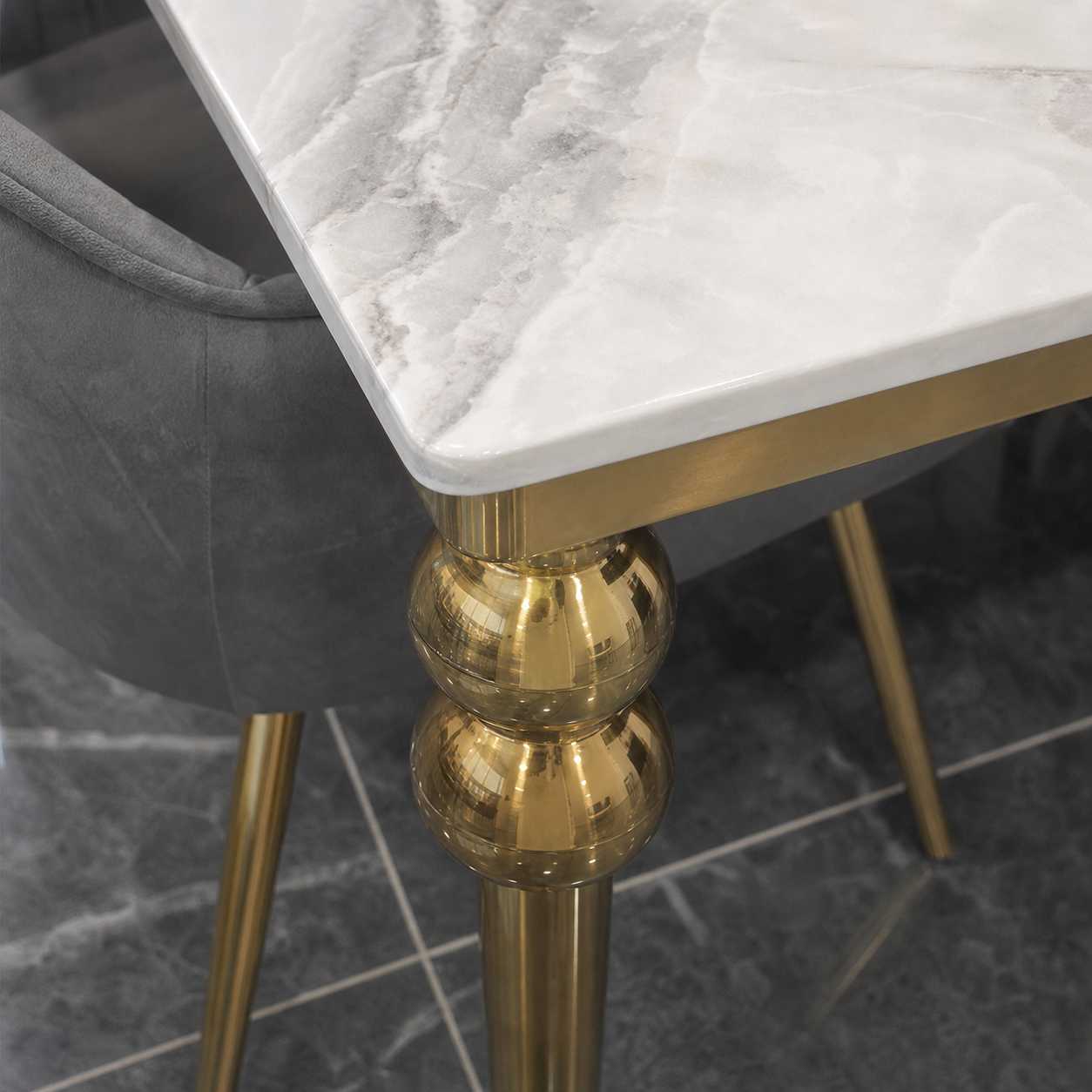 Zoe - Dining Table Marble Top, close tabletop and construction detail