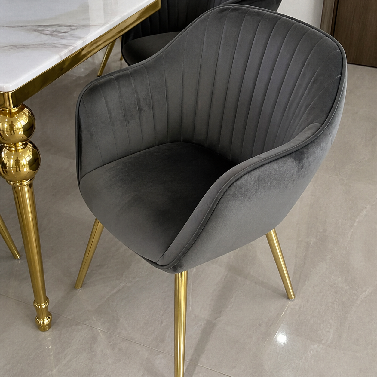 Zoe - Dining Table Marble Top, close chair, seating, or base construction detail