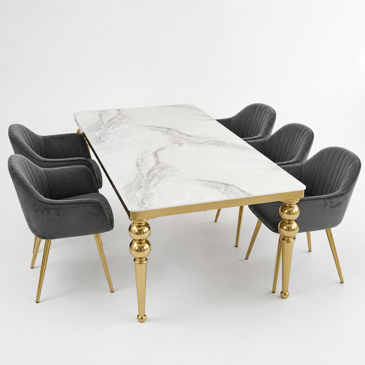 Zoe - Dining Table Marble Top, complete set front three-quarter studio view