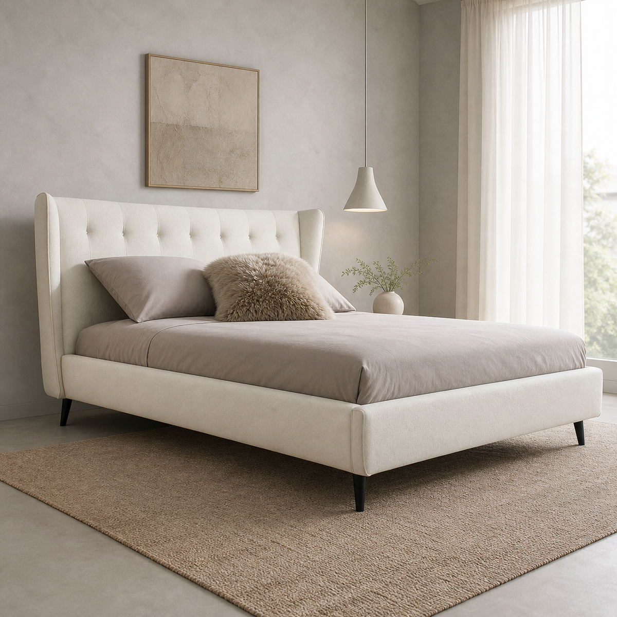 Ovie - Bed, complete front three-quarter bed view in a restrained bedroom