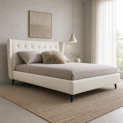 Ovie - Bed, complete front three-quarter bed view in a restrained bedroom