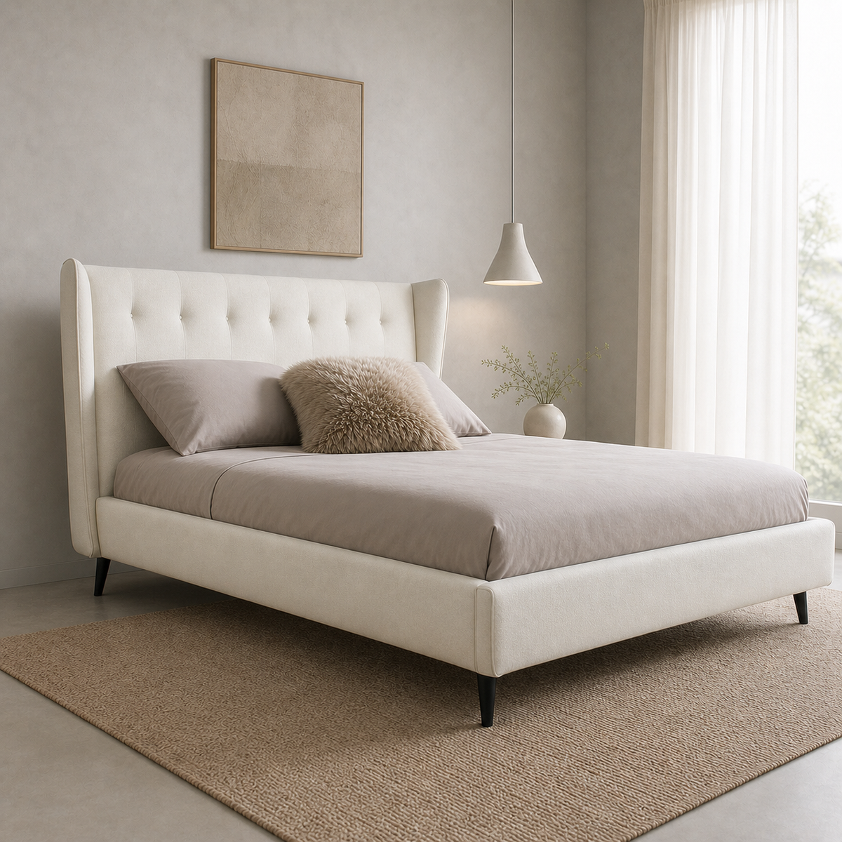 Ovie - Bed, closer made-bed view showing the complete frame construction