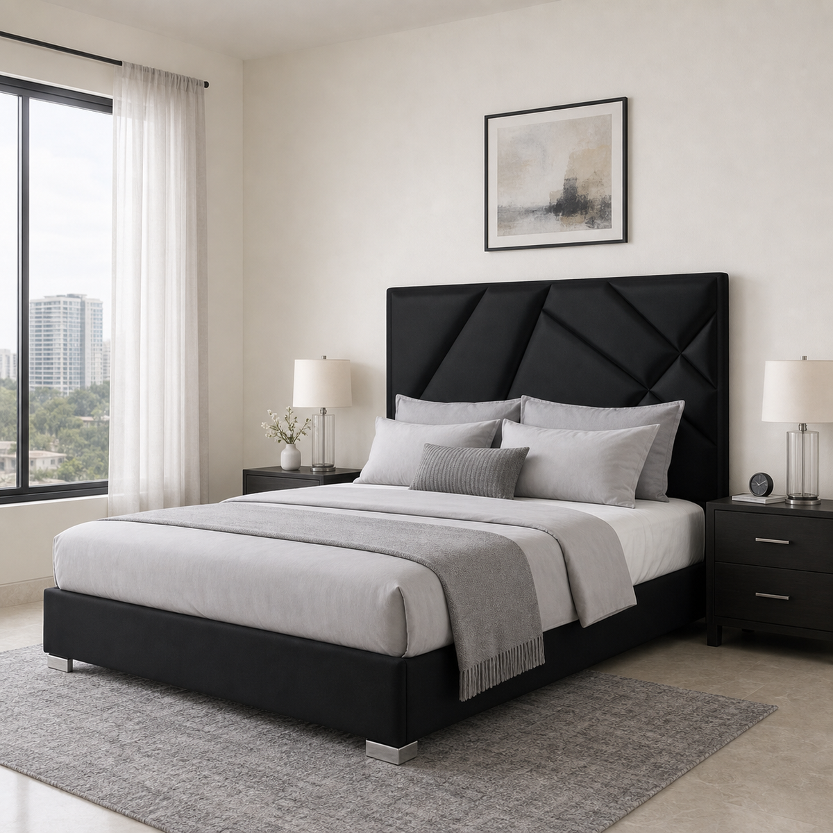 Pax - Bed, complete front three-quarter bed view in a restrained bedroom