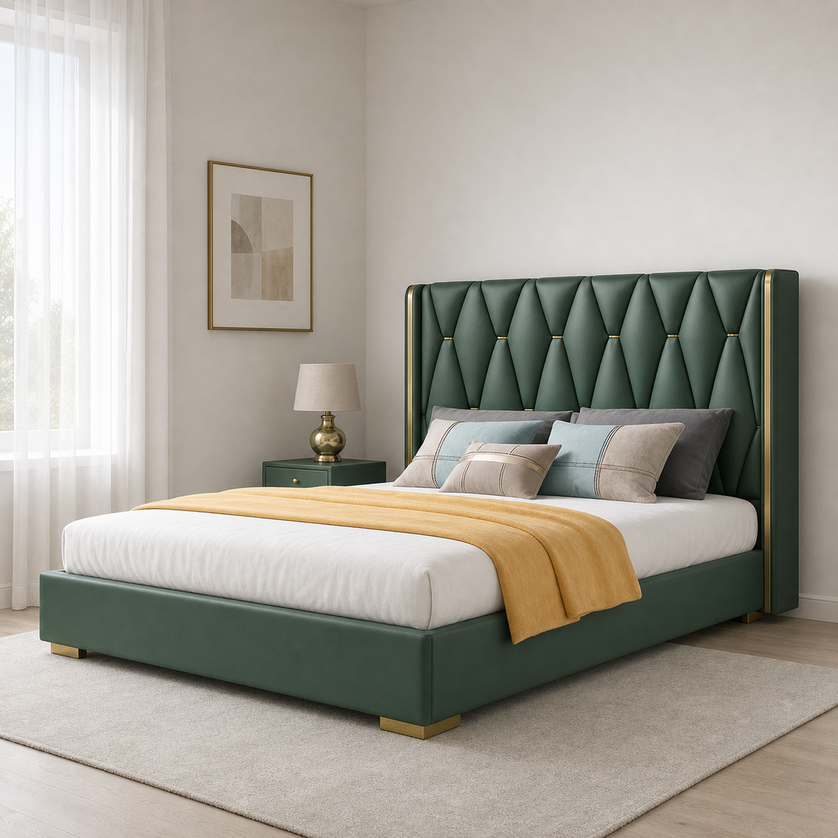 Penn - Bed, complete front three-quarter bed view in a restrained bedroom