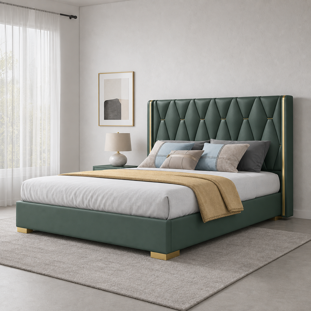 Penn - Bed, closer made-bed view showing the complete frame construction