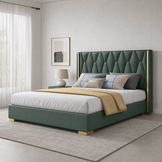 Penn - Bed, closer made-bed view showing the complete frame construction
