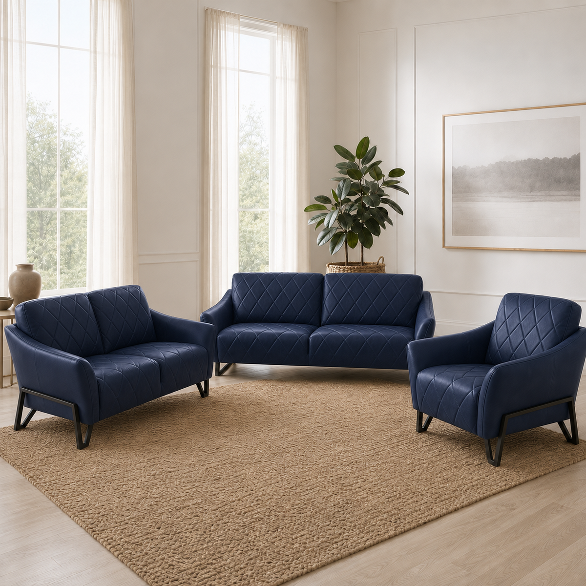 Plume 3+2+1 Sofa Set, 3+2+1 full set, blue, room view