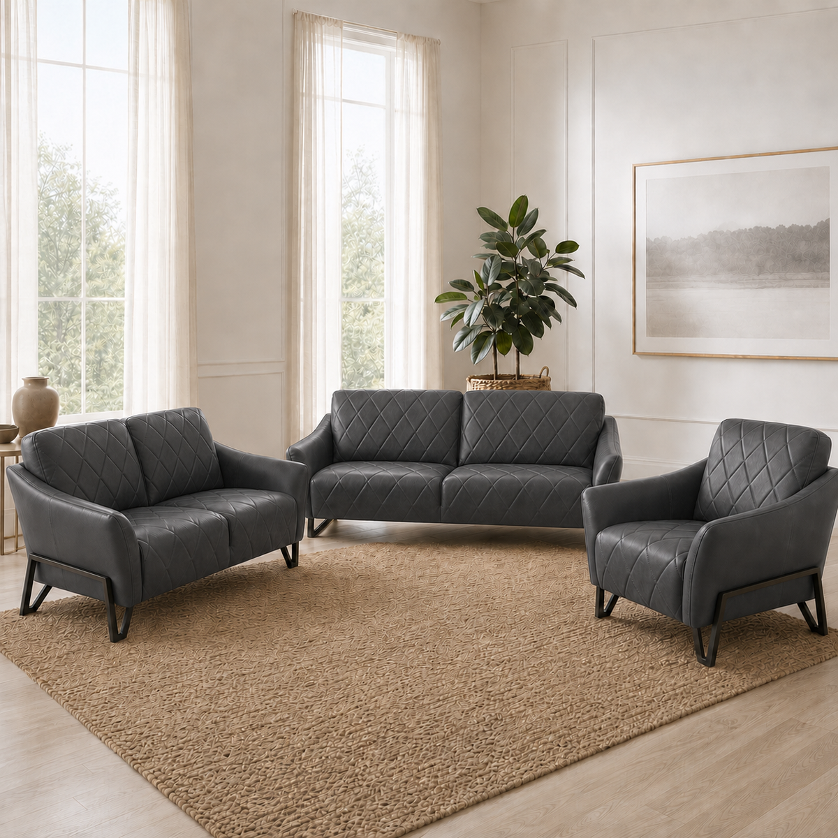 Plume 3+2+1 Sofa Set, 3+2+1 full set, grey, room view