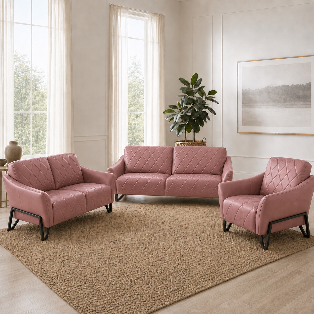 Plume 3+2+1 Sofa Set, 3+2+1 full set, pink, room view