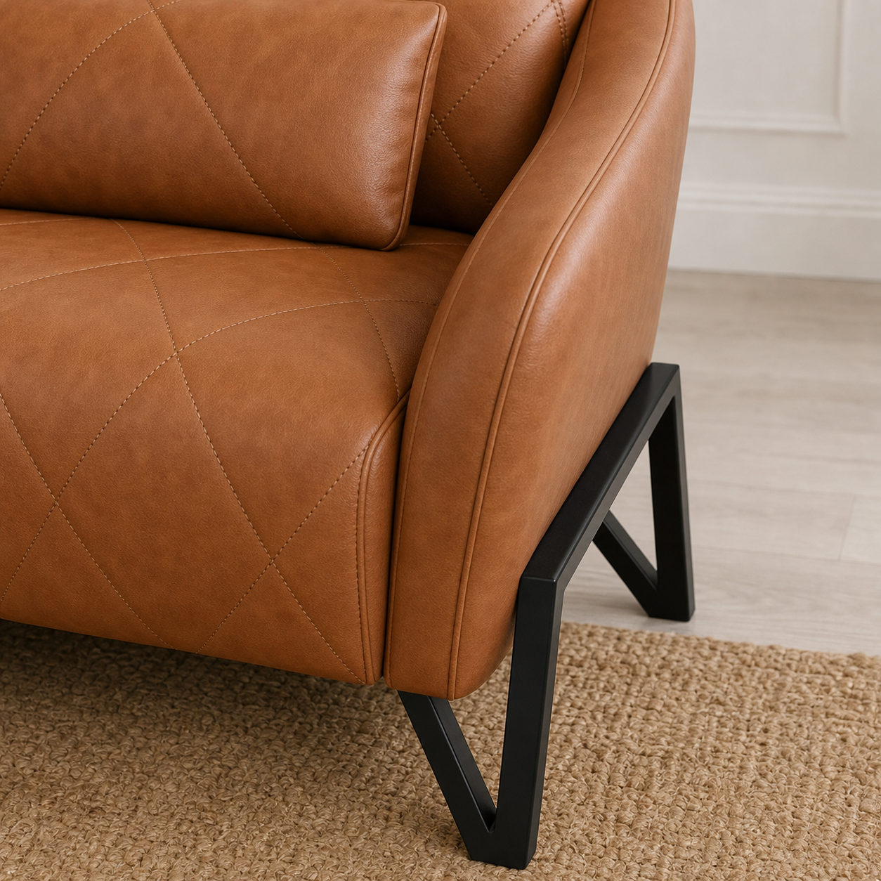 Detail view of Plume - 3+2+1 Sofa Set upholstery, seams, base, and legs