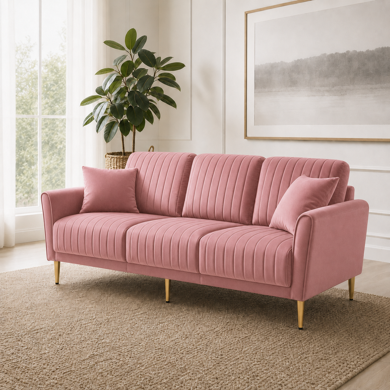 Plush 3+2+1 Sofa Set, 3 seater, pink, room view