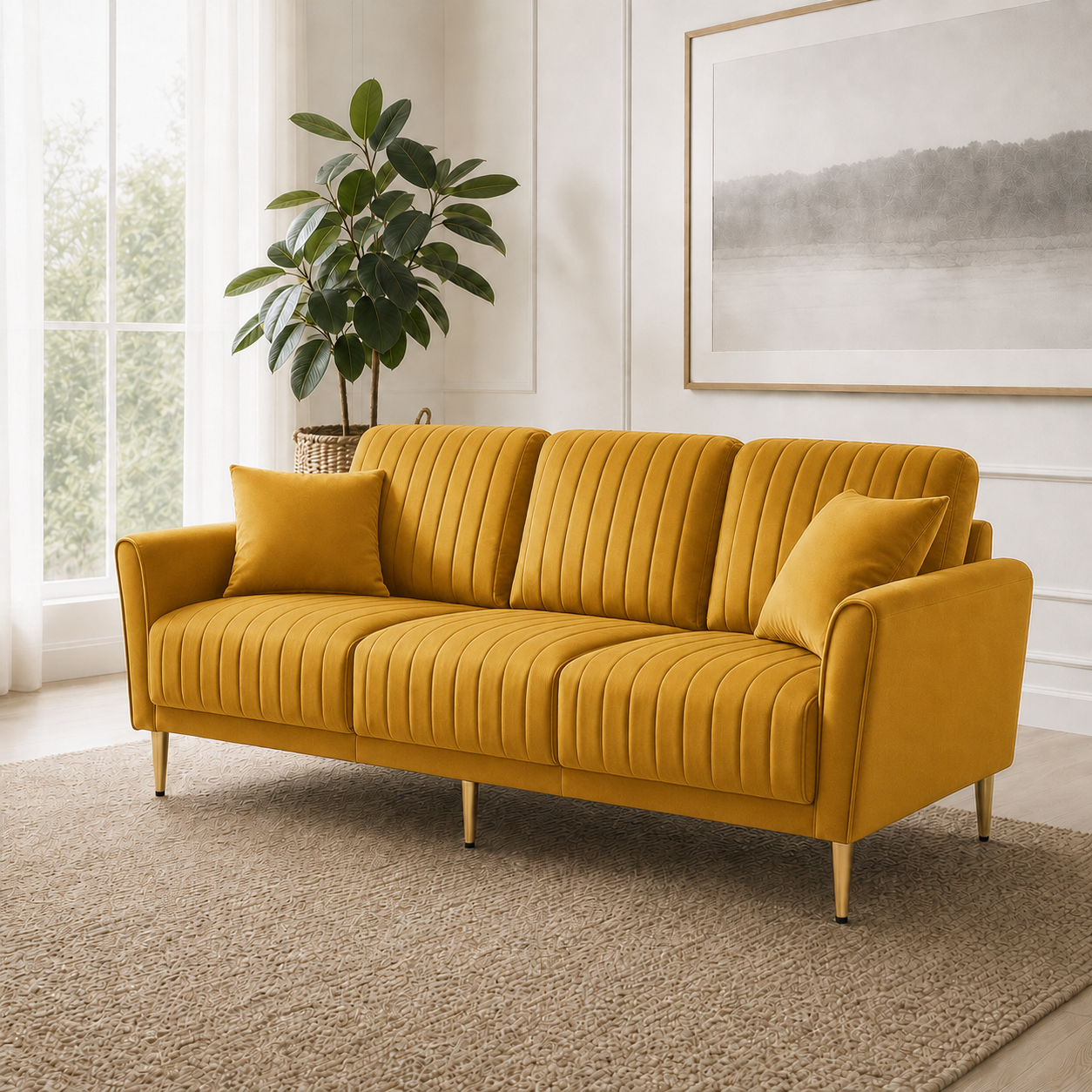 Plush 3+2+1 Sofa Set, 3 seater, yellow, room view