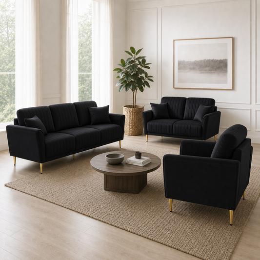 Plush - 3+2+1 Sofa Set, alternate room angle of the complete 3+2+1 sofa set