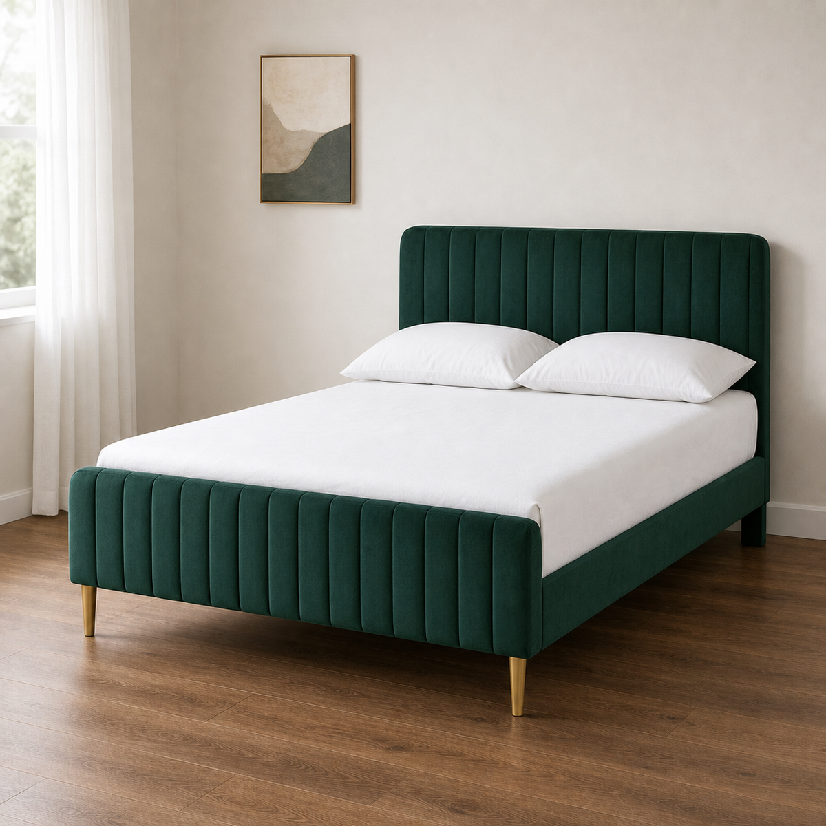 Pryce - Bed, complete front three-quarter bed view in a restrained bedroom