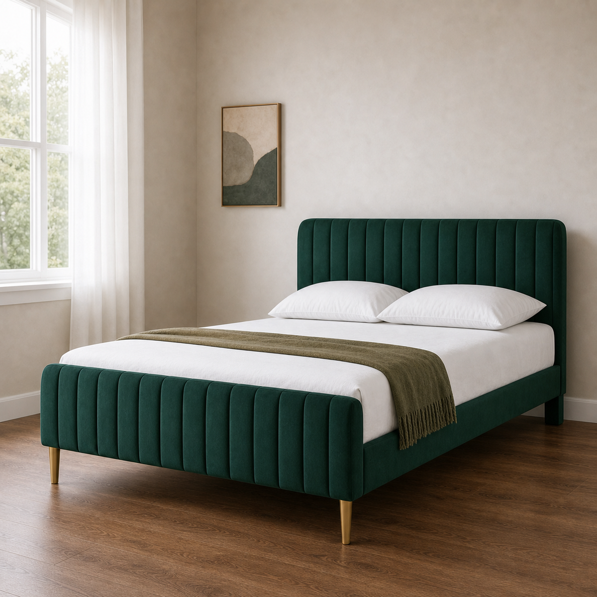Pryce - Bed, closer made-bed view showing the complete frame construction