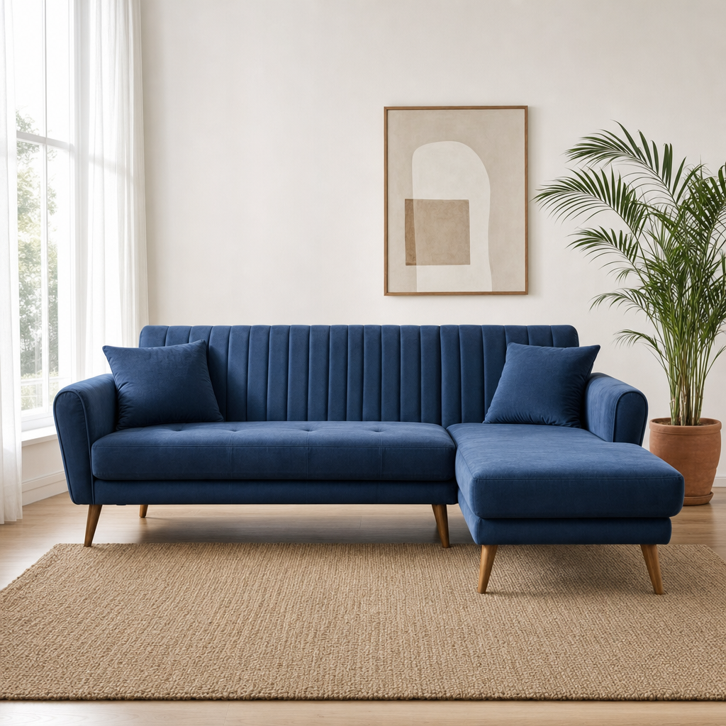 Pulse - L shape sectional sofa in deep navy-blue velvet, front view in a modern living room