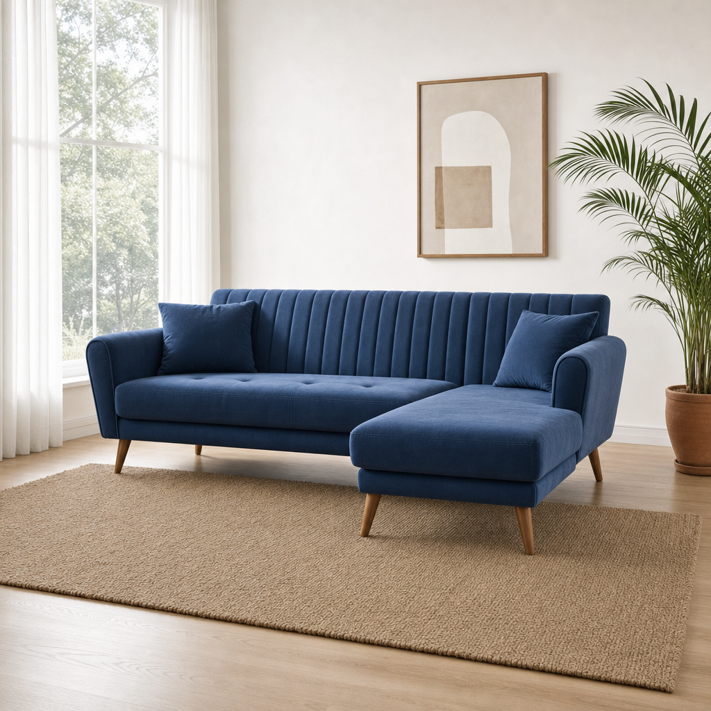 Pulse - L shape sectional sofa, three-quarter view showing the chaise and depth
