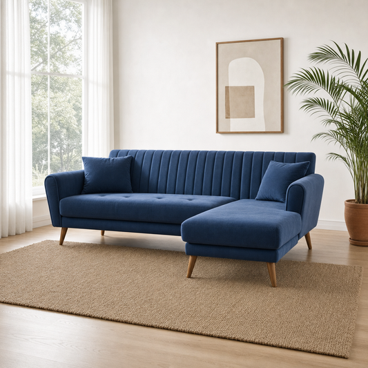 Pulse - L shape sectional sofa, three-quarter view showing the chaise and depth