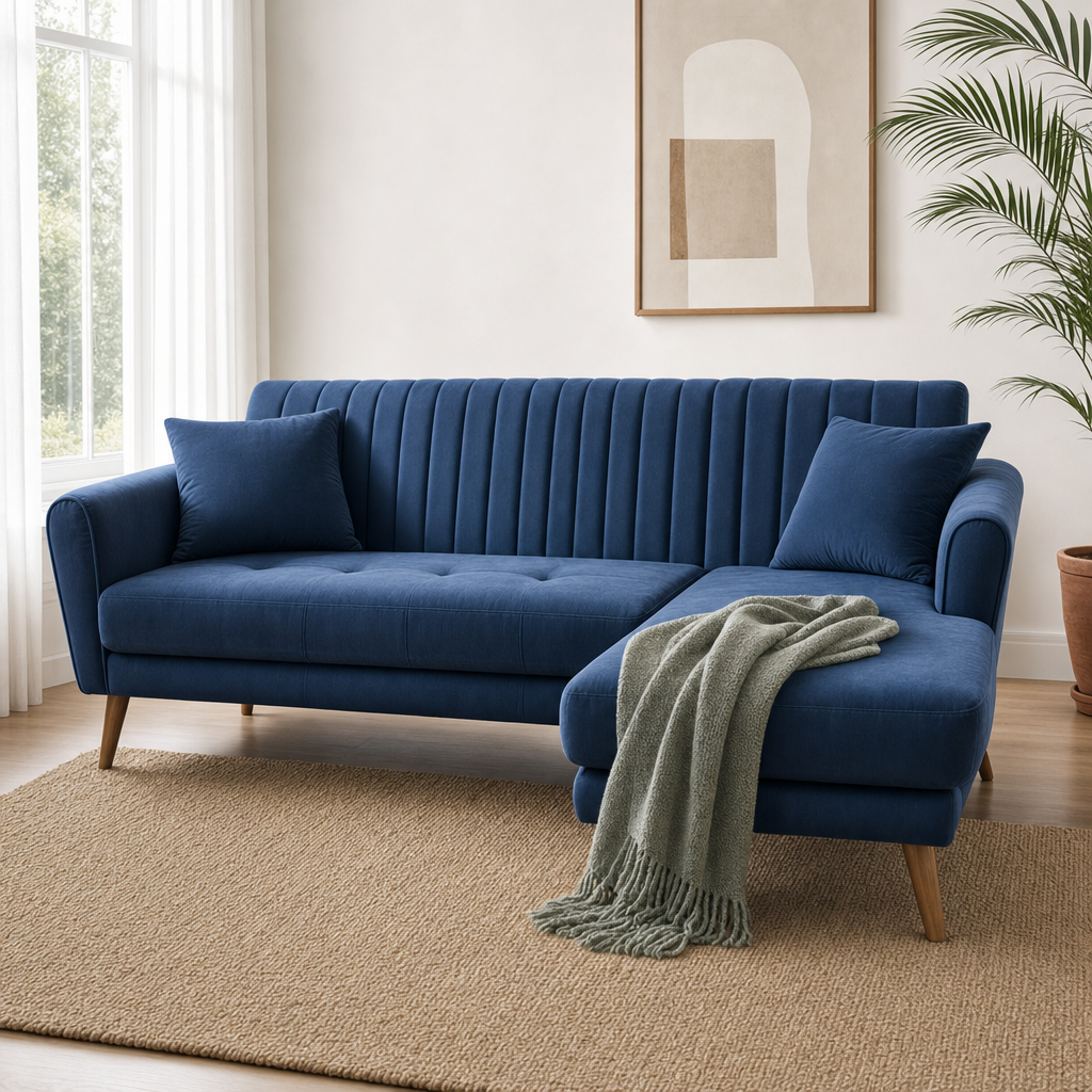 Pulse - L shape sectional sofa styled with a sage-green throw