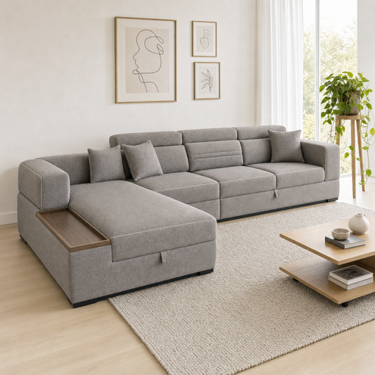 Quest - L shape sectional sofa, three-quarter view showing the chaise and depth
