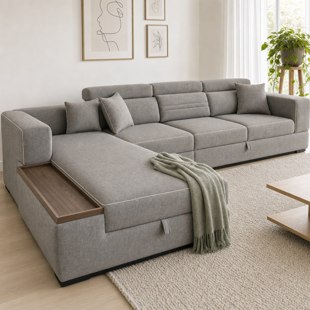 Quest - L shape sectional sofa styled with a sage-green throw