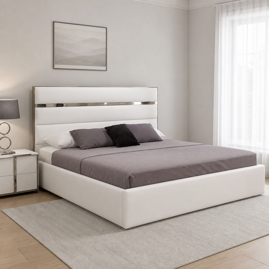 Reed - Bed, complete front three-quarter bed view in a restrained bedroom