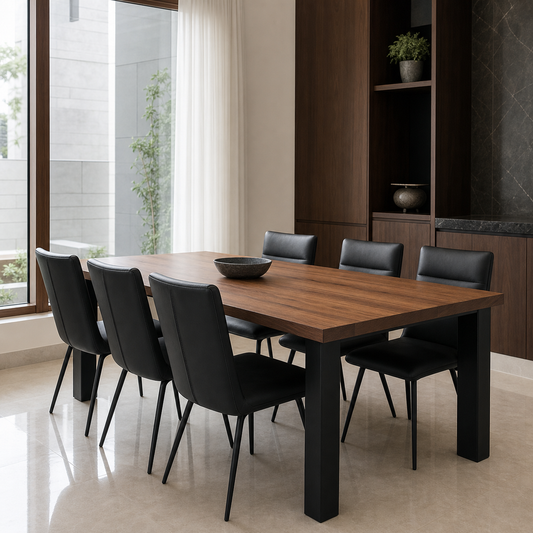 Rex - Wooden Top Dining Table, complete front three-quarter dining view in a contemporary room