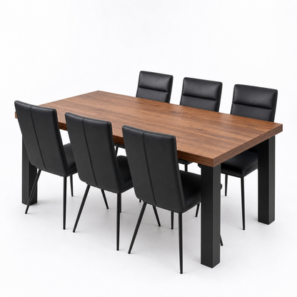 Rex - Wooden Top Dining Table, complete set front three-quarter studio view