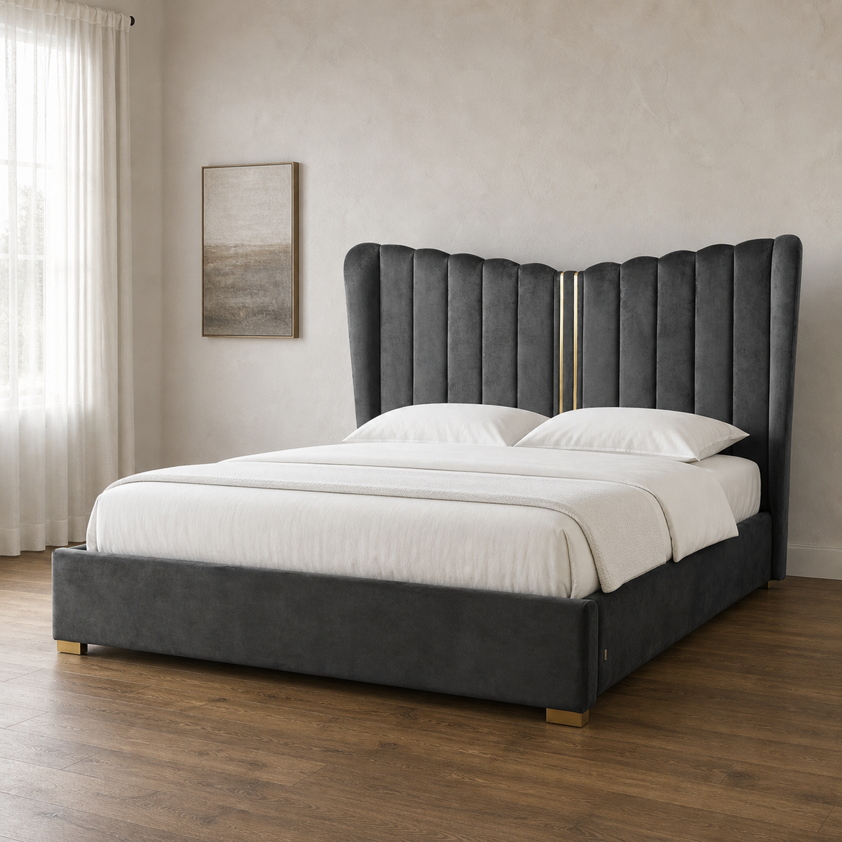 Rey - Bed, complete front three-quarter bed view in a restrained bedroom
