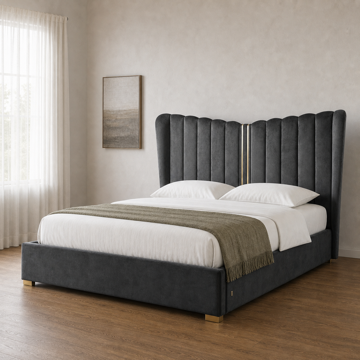 Rey - Bed, closer made-bed view showing the complete frame construction
