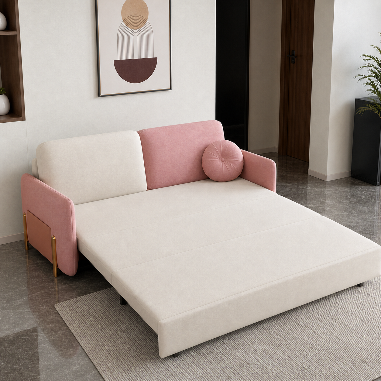 Reyon - Sofa bed, front view verifying the fully open footprint
