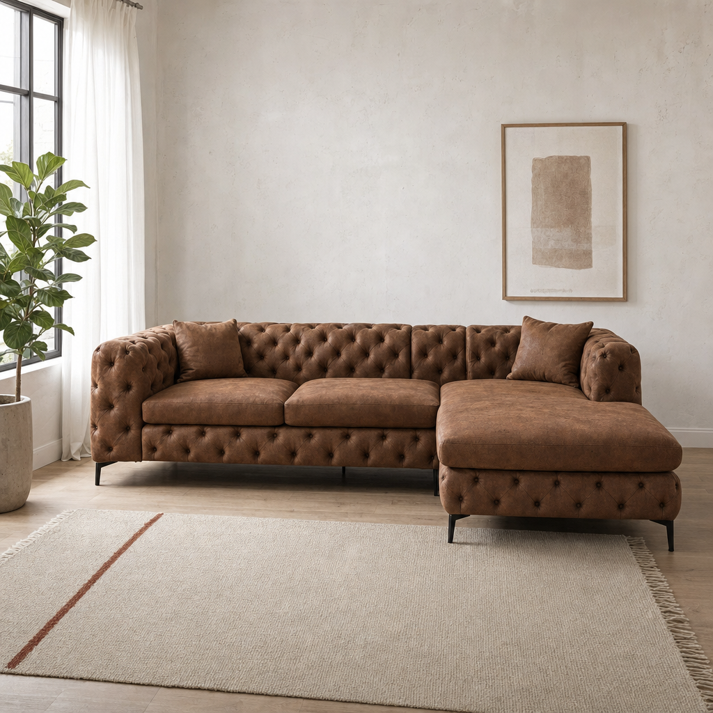 Rhea - L shape sectional sofa in antique cognac-tan distressed suede, front view in a modern living room