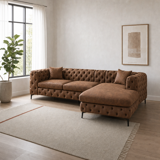 Rhea - L shape sectional sofa, three-quarter view showing the chaise and depth
