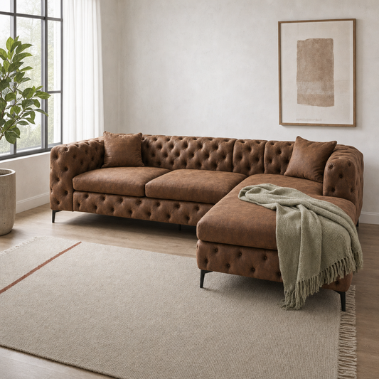 Rhea - L shape sectional sofa styled with a sage-green throw