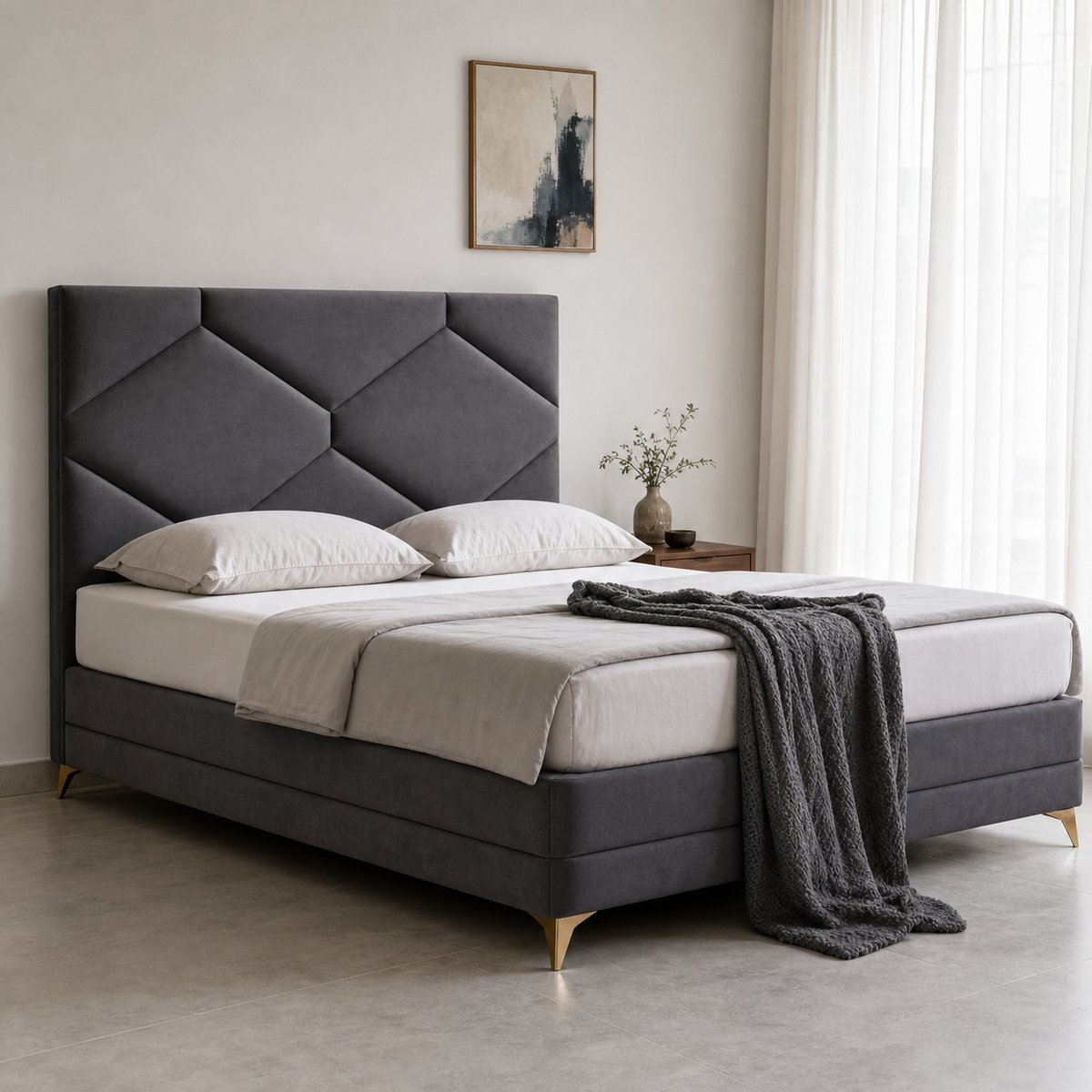 Rilo - Bed, complete front three-quarter bed view in a restrained bedroom