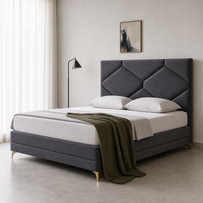 Rilo - Bed, closer made-bed view showing the complete frame construction