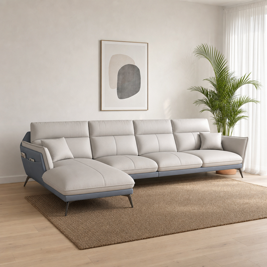 Rio - L shape sectional sofa in pale ivory-grey with slate blue-grey base (two-tone leathaire), front view in a modern living room